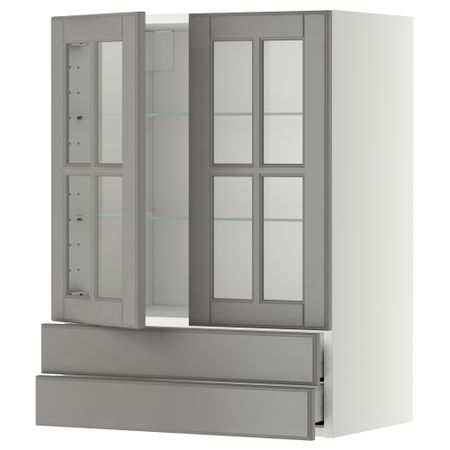 Навесной шкаф, 2 стеклянные дверцы, 2 ящика МЕТОД / МАКСИМЕРА, белый, Будбин серый