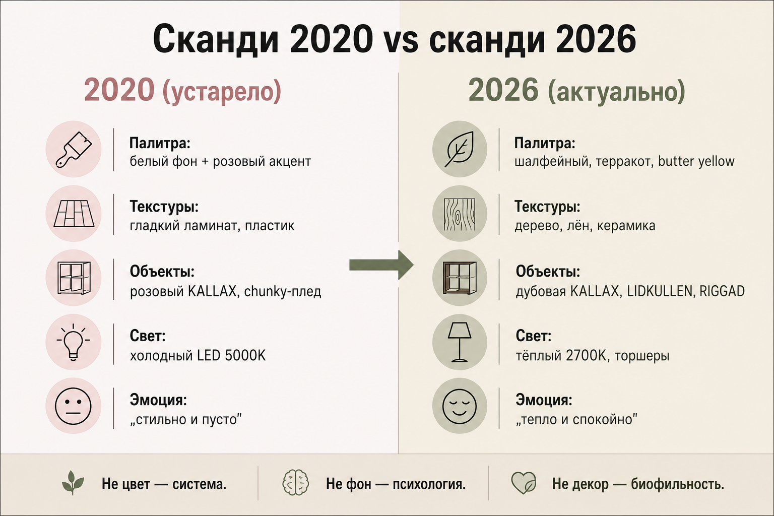 Сравнительный мудборд сканди 2020 и 2026: палитра, текстуры, объекты-якоря, свет и эмоции — что устарело и что работает