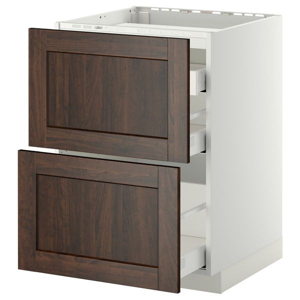 Напольный шкаф, 2 фронтальных панели, 3 ящика, белый/Эдсерум коричневый 60x60 см IKEA METOD МЕТОД / MAXIMERA МАКСИМЕРА - фото 1
