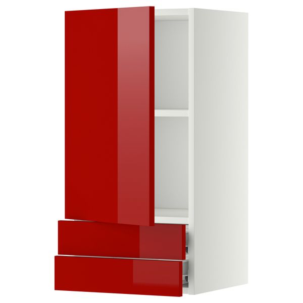 Навесной шкаф с дверцей, 2 ящика МЕТОД / ФОРВАРА, белый, Рингульт красный - схема-чертеж с размерами