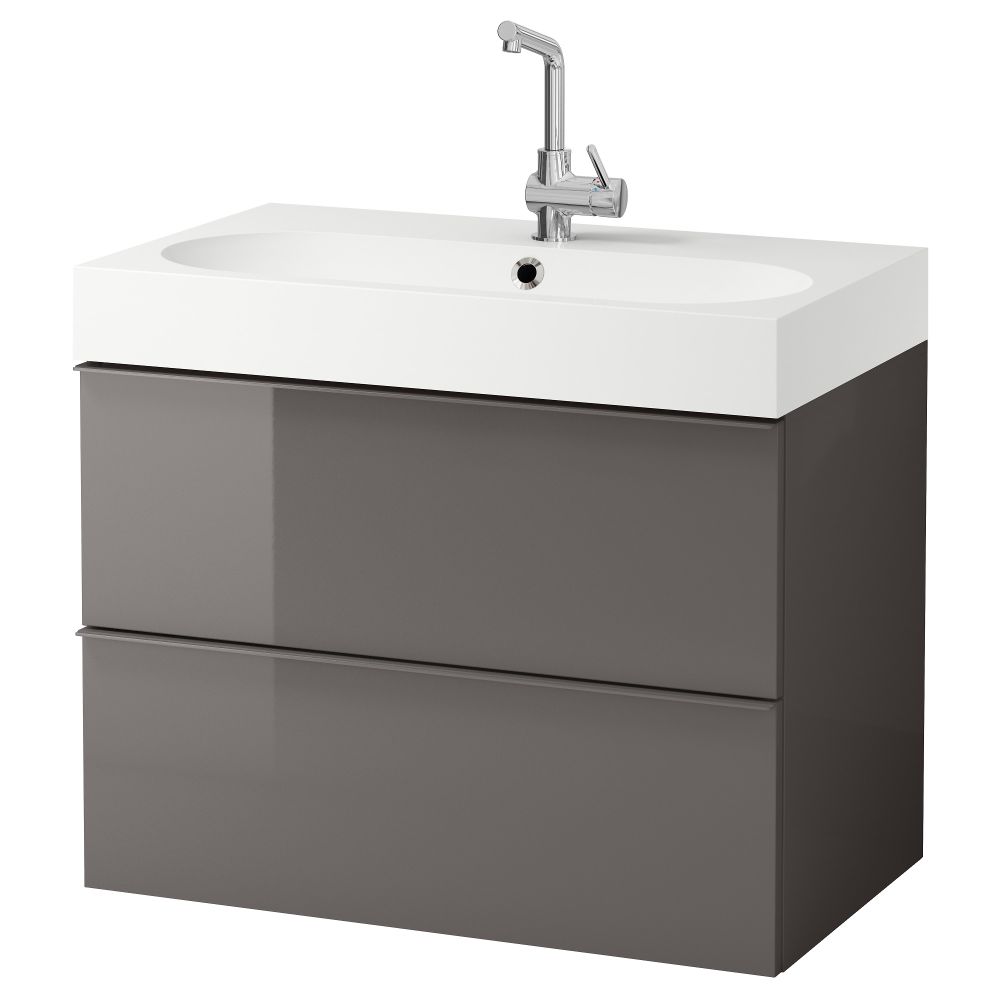 Шкаф для раковины с 2 ящиками ГОДМОРГОН / БРОВИКЕН, глянцевый серый (80x49x68 см) - фото 1