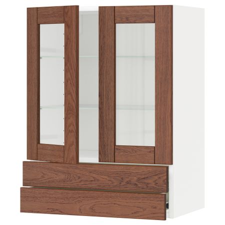 Навесной шкаф, 2 стеклянные дверцы, 2 ящика МЕТОД / ФОРВАРА, белый, Филипстад коричневый