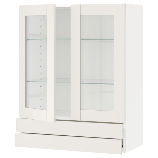 Навесной шкаф, 2 стеклянные дверцы, 2 ящика МЕТОД / ФОРВАРА, белый, Сэведаль белый - схема-чертеж с размерами