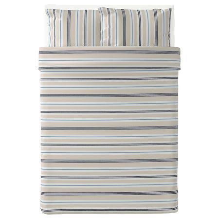 Пододеяльник и 2 наволочки, бежевый, синий/в полоску 200x200/50x70 см IKEA SMALSTÄKRA СМАЛСТЭКРА 704.435.08