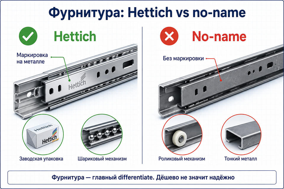 Сравнение фурнитуры Hettich и no-name: маркировка, механизм, ресурс