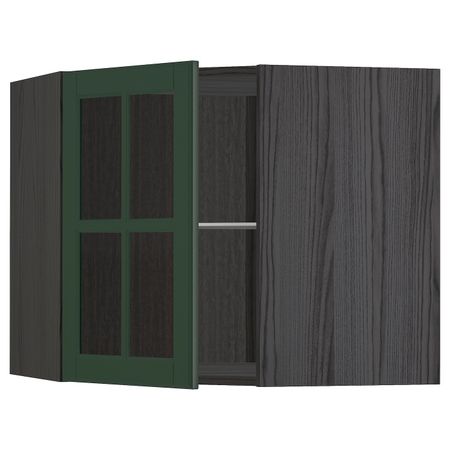 Угловой навесной шкаф с полками, стекляными дв, черный/Будбин темно-зеленый 68x60 см IKEA МЕТОД 893.132.86