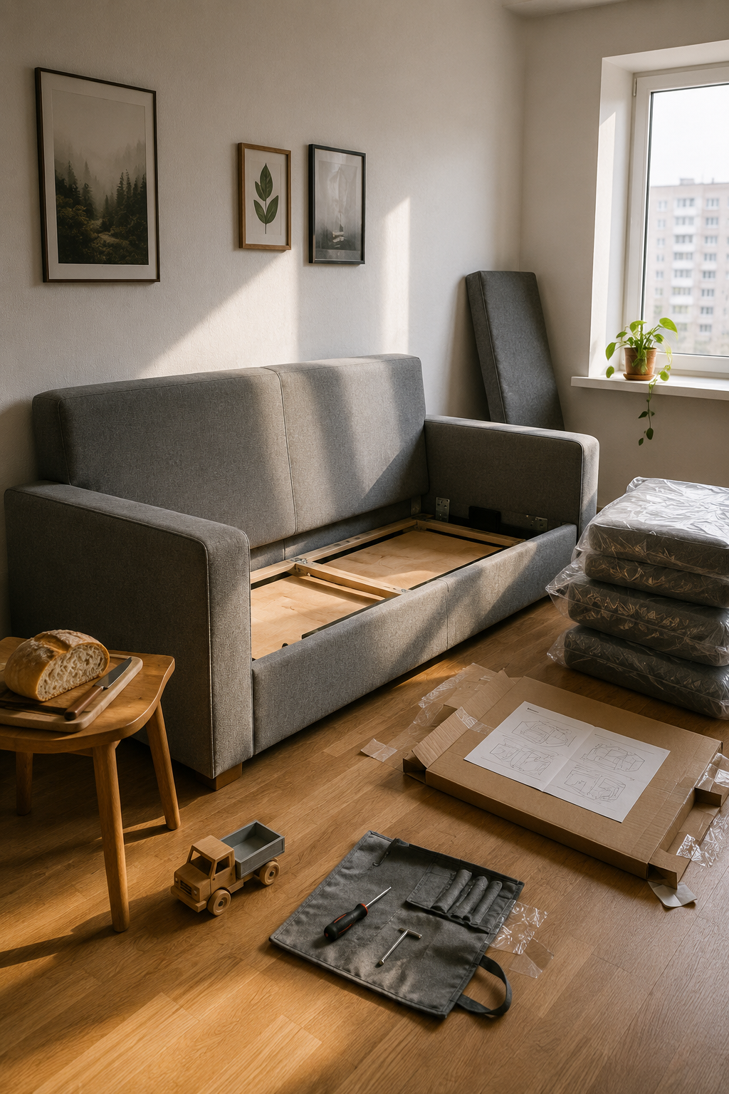 Процесс профессиональной сборки дивана IKEA курьером-сборщиком