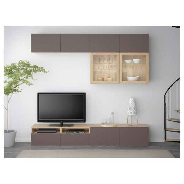 Шкаф для ТВ, комбинированный, стекляные дверцы БЕСТО, под беленый дуб, Вальвикен темно-коричневый, прозрачное стекло (240x40x230 - фото 2