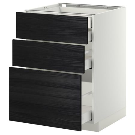 Напольный шкаф 3 фронтальные панели, 2 низких, 1 средний, 1 встроенный ящ, белый, Тингсрид черный 60x60 см IKEA МЕТОД /