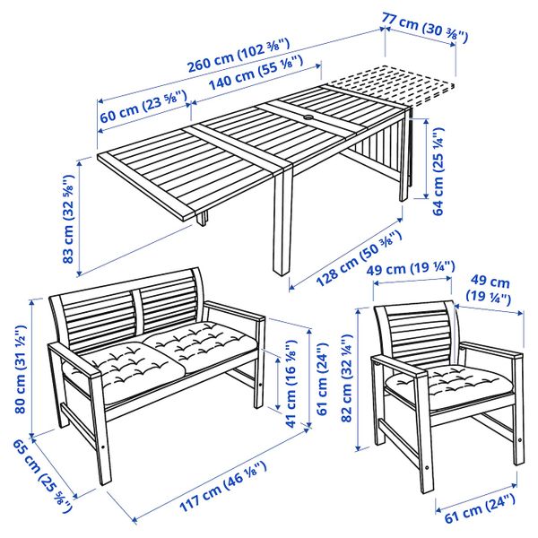 Стол + 2 кресла + скамья, для/сада, коричневая морилка/Куддарна серый IKEA ÄPPLARÖ ЭПЛАРО 492.894.10 - схема-чертеж с размерами