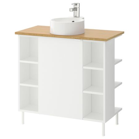 Шкаф под раковину с 1 дверцы, 4 открытыми полк, белый, бамбук ЭНСЕН смеситель 82x40x87 см IKEA ЛИЛЛОНГЕН/ВИСКАН / ГУТВИКЕН