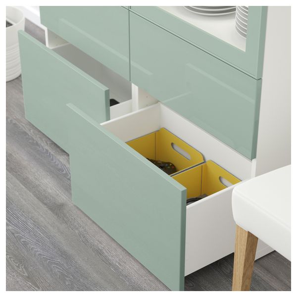 Комбинация для хранения со стеклянными дверцами БЕСТО, белый Сельсвикен, глянцевый/серо-зеленый светлый прозрачное стекло - схема-чертеж с размерами