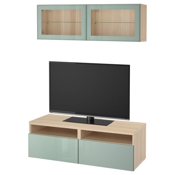 Шкаф для ТВ, комбинированный, стекляные дверцы БЕСТО, под беленый дуб Сельсвикен, глянцевый/серо-зеленый светлый прозрачное - фото 1