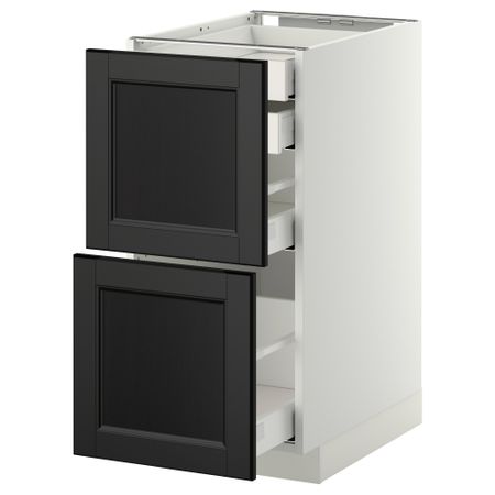 Напольный шкаф 2 фронтальные панели, 2 нижних, 1 средний, 1 высокий ящик МЕТОД / МАКСИМЕРА, белый, Лаксарби черно-коричневый