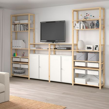 4 секции, полки/шкаф, сосна/белый 344x30x226 см IKEA ИВАР 892.482.10