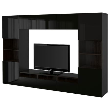 Шкаф для ТВ, комбинированный, стекляные дверцы БЕСТО, черно-коричневый, Сельсвикен глянцевый/черный дымчатое стекло (300x40x192