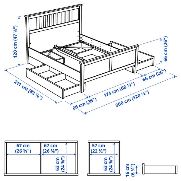 HEMNES Каркас кровати с 4 ящиками - схема-чертеж с размерами