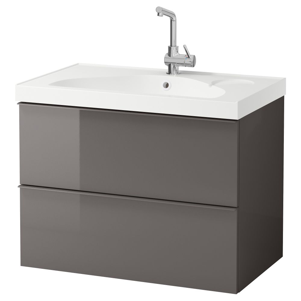 Шкаф для раковины с 2 ящиками ГОДМОРГОН / ЭДЕБОВИКЕН, глянцевый серый (80x49x64 см) - фото 1