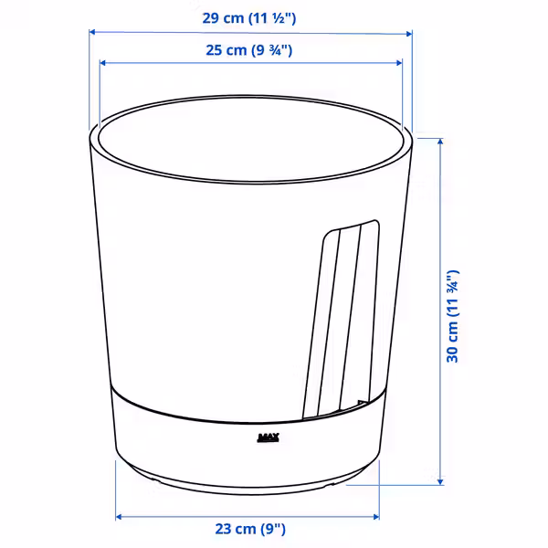 VÅRDTRÄD ВОРДТРЭД Горшок с самополивом - д/дома/улицы прозрачный/антрацит 24 см - схема-чертеж с размерами
