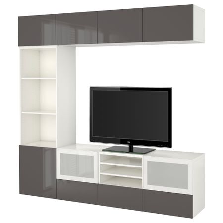 Шкаф для ТВ, комбинированный, стекляные дверцы БЕСТО, белый, Сельсвикен глянцевый/серый матовое стекло (240x40x230 см)