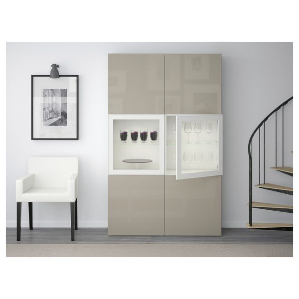 Комбинация для хранения со стеклянными дверцами БЕСТО, белый, Сельсвикен глянцевый/бежевый прозрачное стекло (120x40x192 см) - фото 2