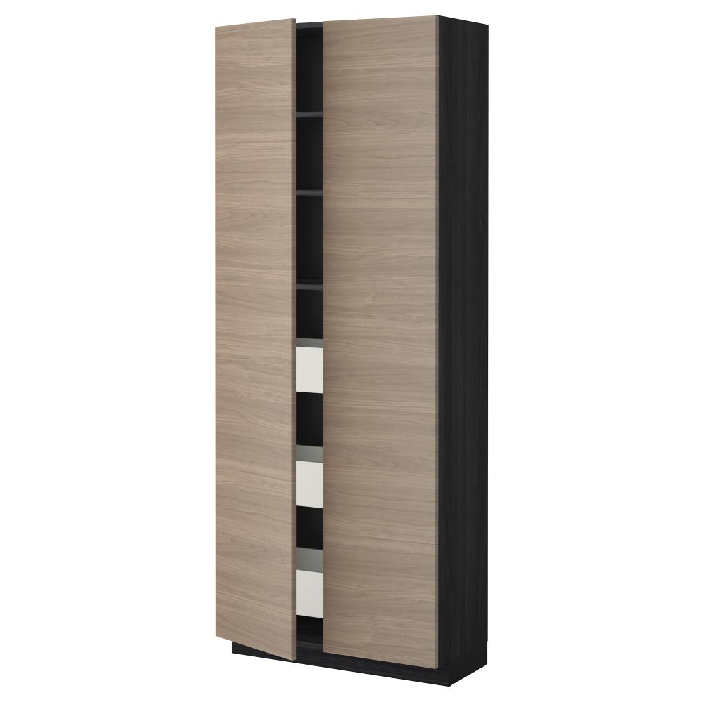 Высокий шкаф с ящиками, 2 дверцы МЕТОД / МАКСИМЕРА, черный, Брокхульт светло-серый (80x37x200 см) - фото 1