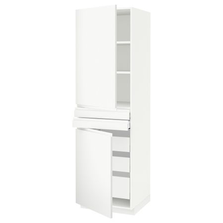 Высокий шкаф + полки, 5 ящиков, 2 дверцы, 2 фронтальных МЕТОД / МАКСИМЕРА, белый, Воксторп матовый белый белый