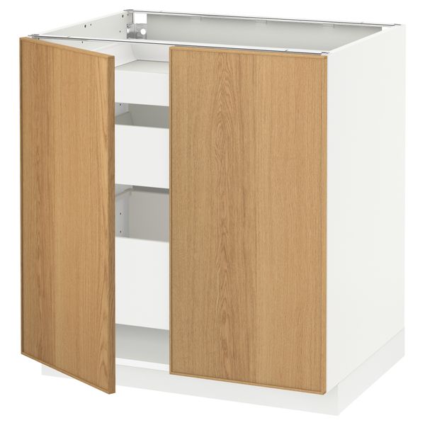 Напольный шкаф с 2 дверцами, 3 ящиками МЕТОД / МАКСИМЕРА, белый, Экестад дуб (80x60 см) - схема-чертеж с размерами