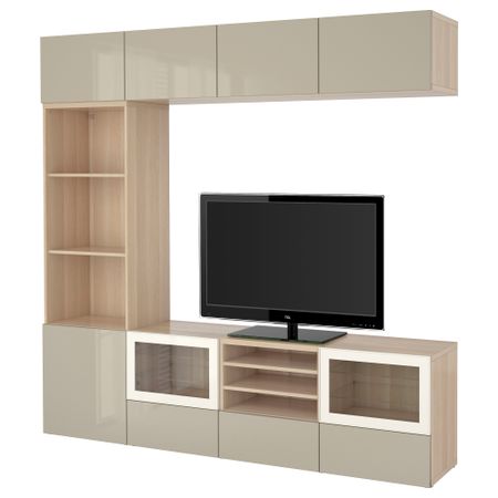 Шкаф для ТВ, комбинированный, стекляные дверцы БЕСТО, под беленый дуб, Сельсвикен глянцевый/бежевый прозрачное стекло