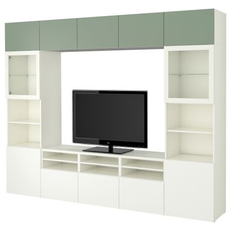 Шкаф для ТВ, комбинированный, стекляные дверцы БЕСТО, Лаппвикен зеленый, Синдвик белый прозрачное стекло (300x40x230 см)