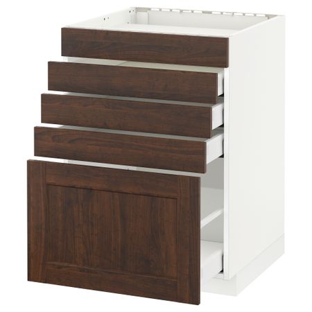 Напольный шкаф для варочной панели, 5 фасадов, 4 ящиков МЕТОД / МАКСИМЕРА, белый, Эдсерум коричневый