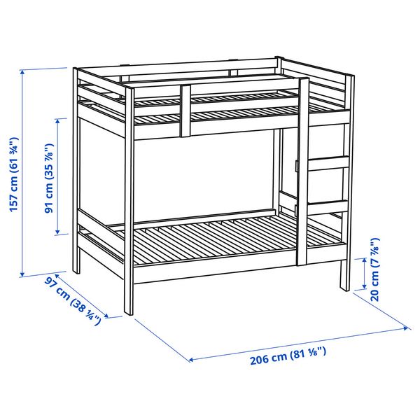 MYDAL Каркас 2-ярусной кровати - сосна 90x200 см - схема-чертеж с размерами