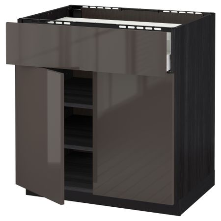 Напольный шкаф для варочной панели, ящик, полка, 2 дверцы МЕТОД / МАКСИМЕРА, черный, Рингульт серый