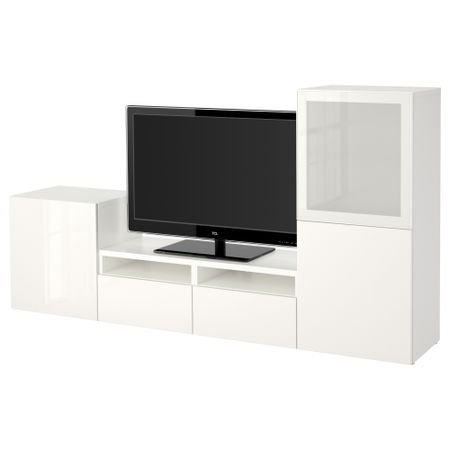 Шкаф для ТВ, комбинированный, стекляные дверцы БЕСТО, белый, Сельсвикен глянцевый/белый матовое стекло (240x40x128 см)