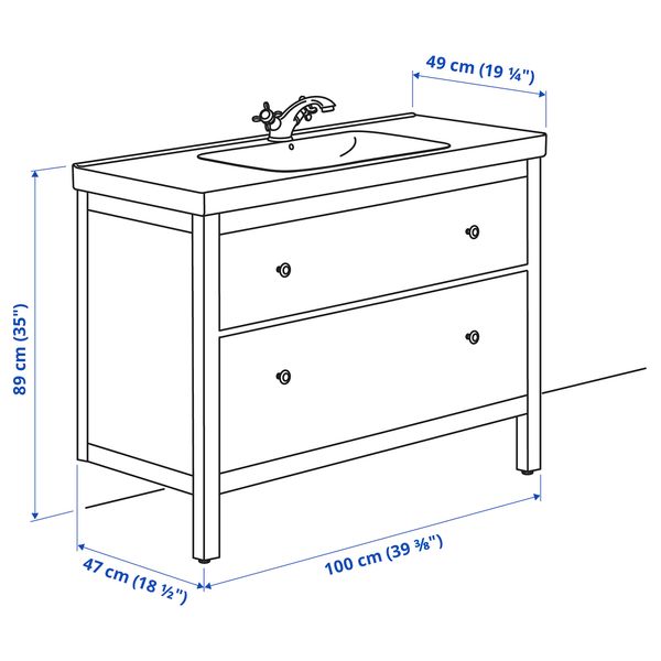 Шкаф для раковины с 2 ящиками, 103x49x89 см, белый, РУНШЕР смеситель IKEA ODENSVIK ОДЕНСВИК, HEMNES ХЕМНЭС 092.934.52 - схема-чертеж с размерами