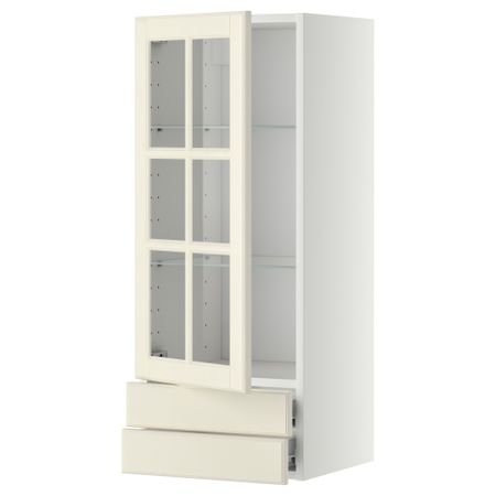 Навесной шкаф, стеклянная дверца, 2 ящика МЕТОД / ФОРВАРА, белый, Будбин белый с оттенком