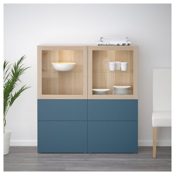 Комбинация для хранения со стеклянными дверцами БЕСТО, под беленый дуб Вальвикен, темно-синий прозрачное стекло (120x40x128 см) - фото 3