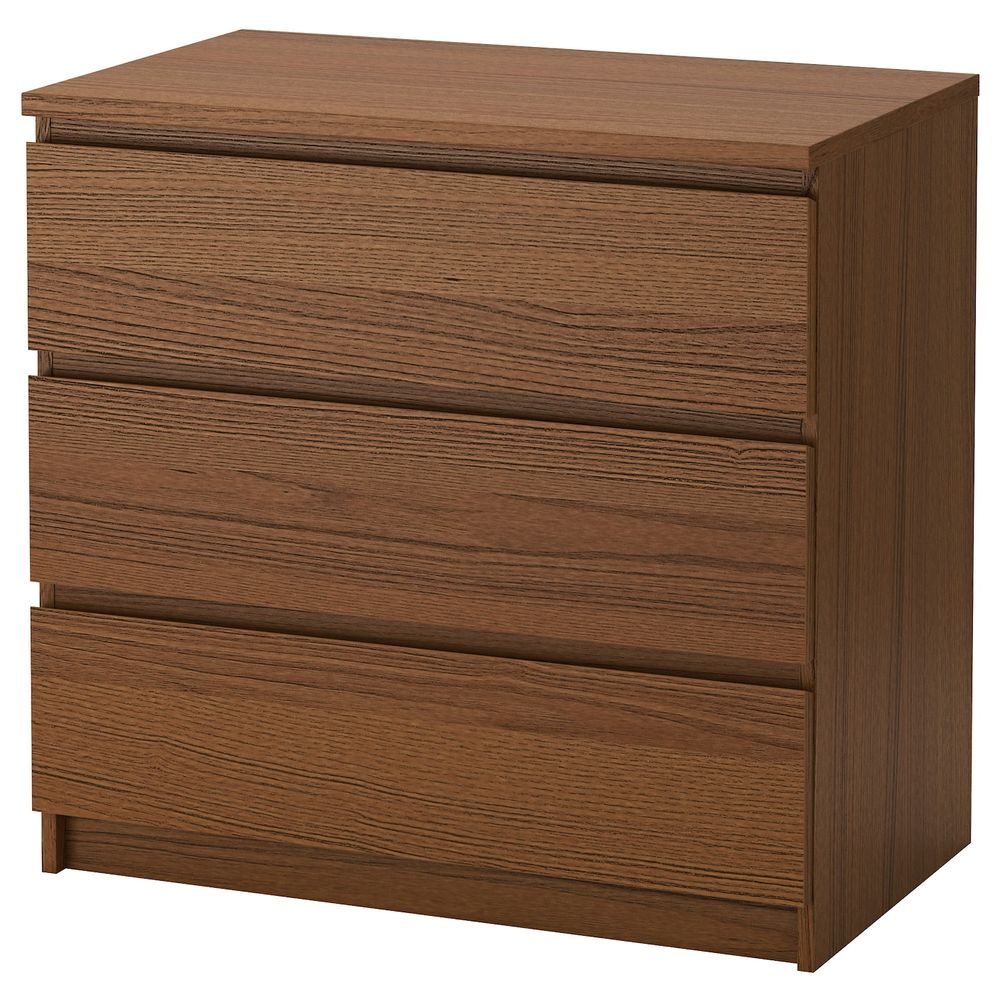 Комод с 3 ящиками, коричневая морилка ясеневый шпон 80x78 см IKEA MALM МАЛЬМ 103.685.35 - фото 1