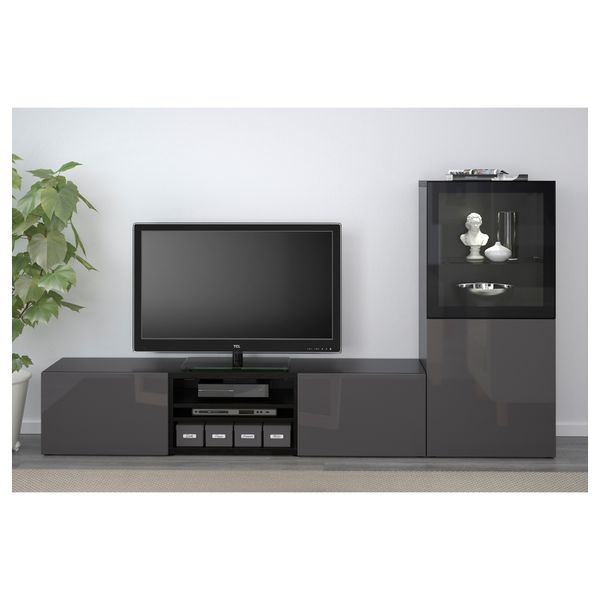 Шкаф для ТВ, комбинированный, стекляные дверцы БЕСТО, черно-коричневый, Сельсвикен глянцевый/серый прозрачное стекло (240x40x128 - фото 2