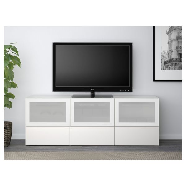 Тумба под ТВ, с дверцами и ящиками БЕСТО, белый, Сельсвикен глянцевый/белый матовое стекло (180x40x64 см) - фото 2