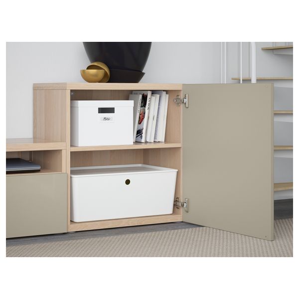 Шкаф для ТВ, комбинированный, стекляные дверцы БЕСТО, под беленый дуб, Сельсвикен глянцевый/бежевый матовое стекло - фото 3