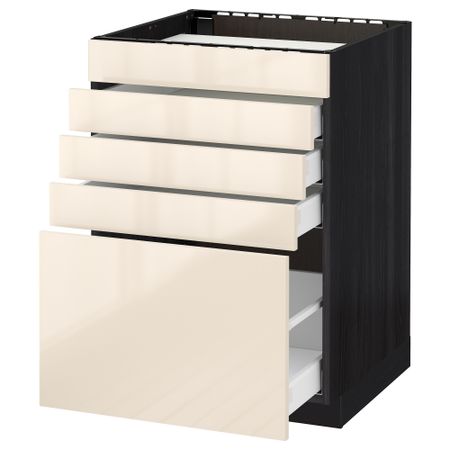 Напольный шкаф для варочной панели, 5 фасадов, 4 ящиков МЕТОД / МАКСИМЕРА, черный, Рингульт кремовый