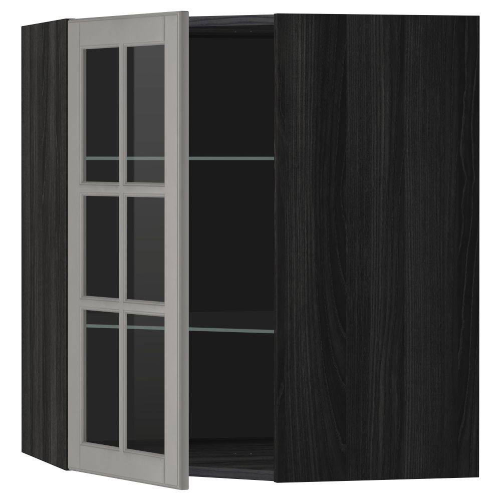 Угловой навесной шкаф с полками, стекляными дверцами МЕТОД, черный, Будбин серый - схема-чертеж с размерами