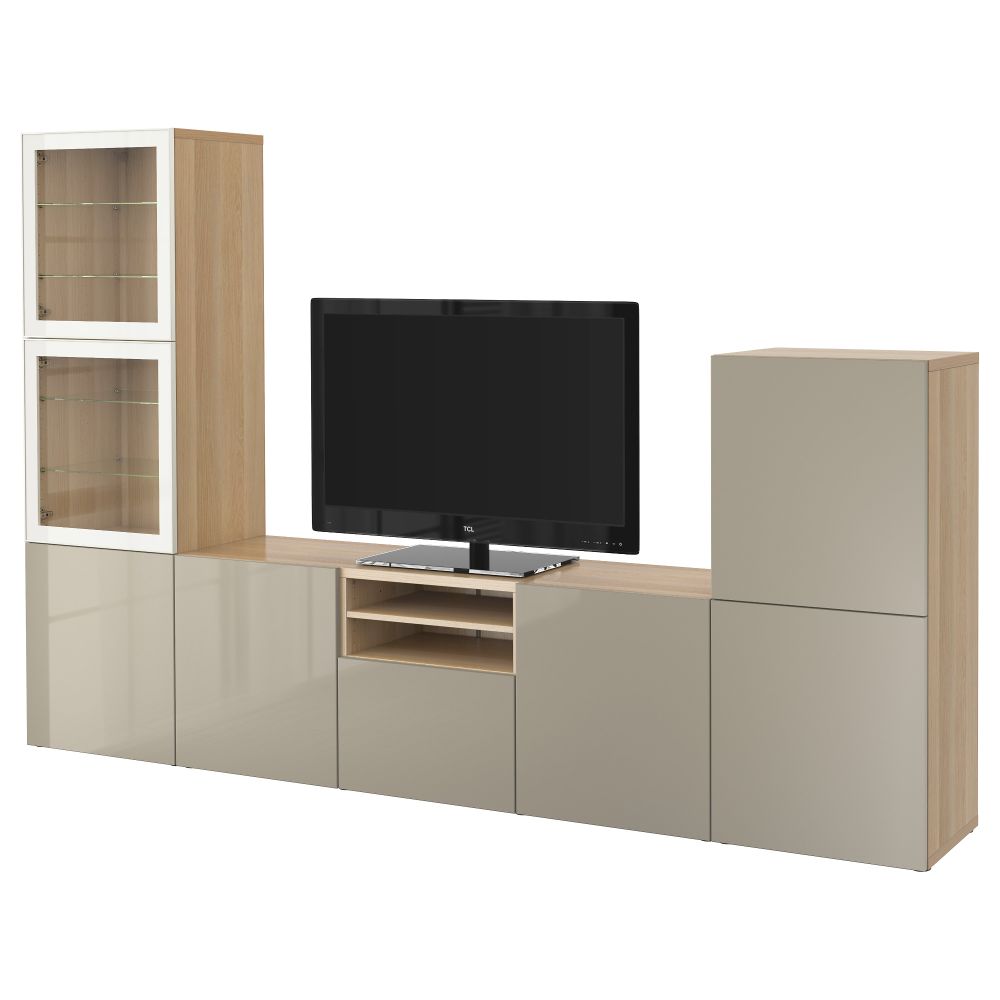 Шкаф для ТВ, комбинированный, стекляные дверцы БЕСТО, под беленый дуб, Сельсвикен глянцевый/бежевый прозрачное стекло - фото 1