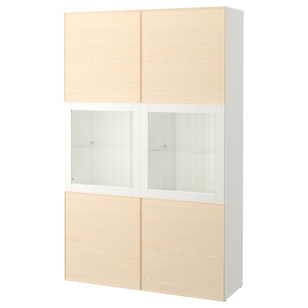 Комбинация для хранения со стеклянными дверцами БЕСТО, белый, Инвикен ясеневый шпон (120x40x192 см) - фото 1