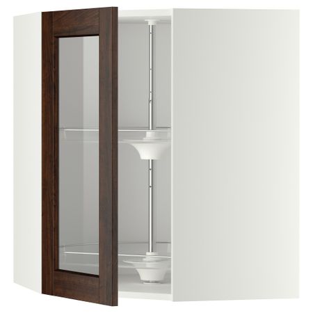 Угловой навесной шкаф с вращающающейся секцией, стеклянными дверцами МЕТОД, белый, Эдсерум коричневый