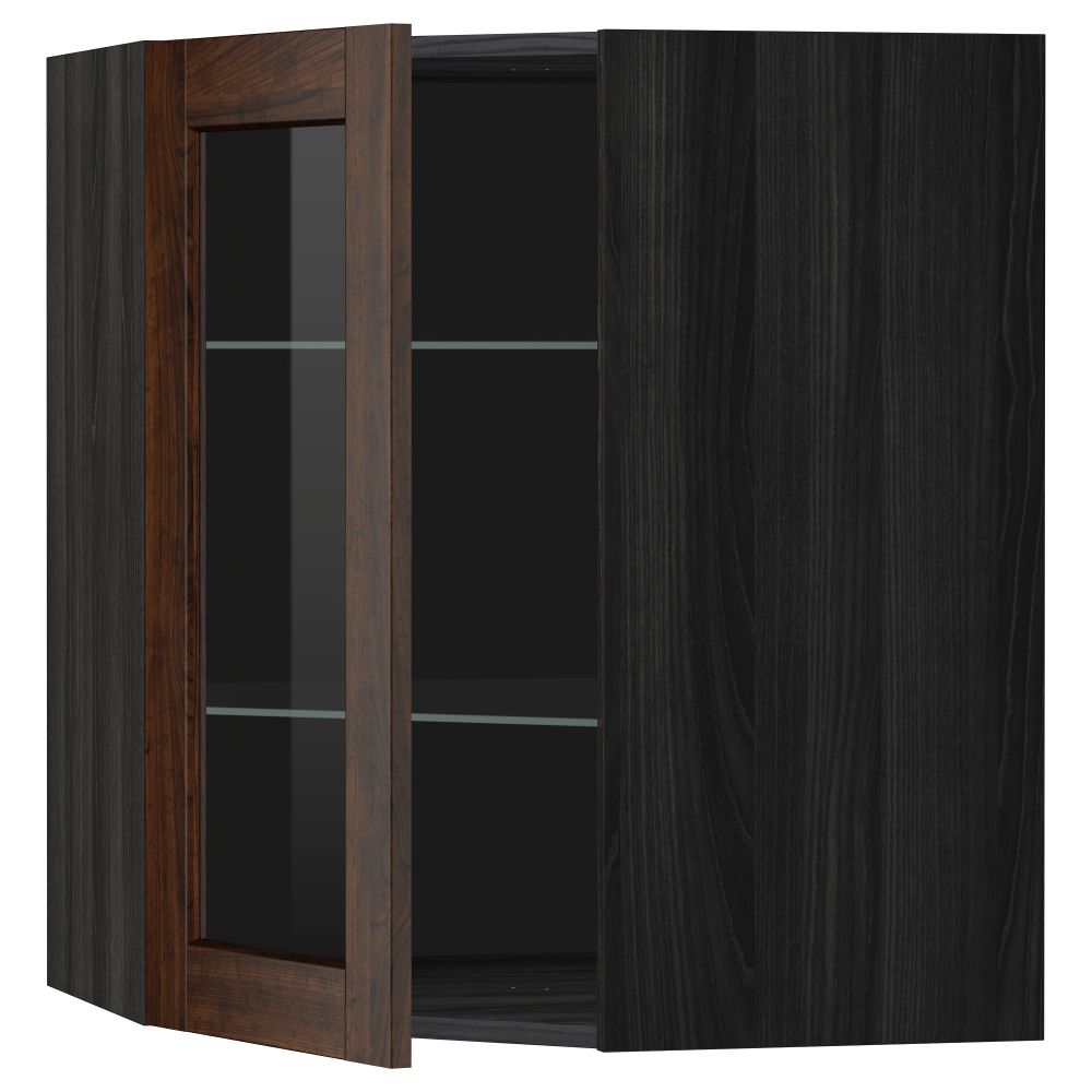 Угловой навесной шкаф с полками, стекляными дверцами МЕТОД, черный, Эдсерум коричневый - схема-чертеж с размерами