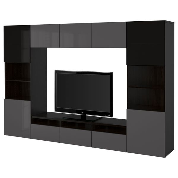 Шкаф для ТВ, комбинированный, стекляные дверцы БЕСТО, черно-коричневый, Сельсвикен глянцевый/серый дымчатое стекло (300x40x192 - фото 1