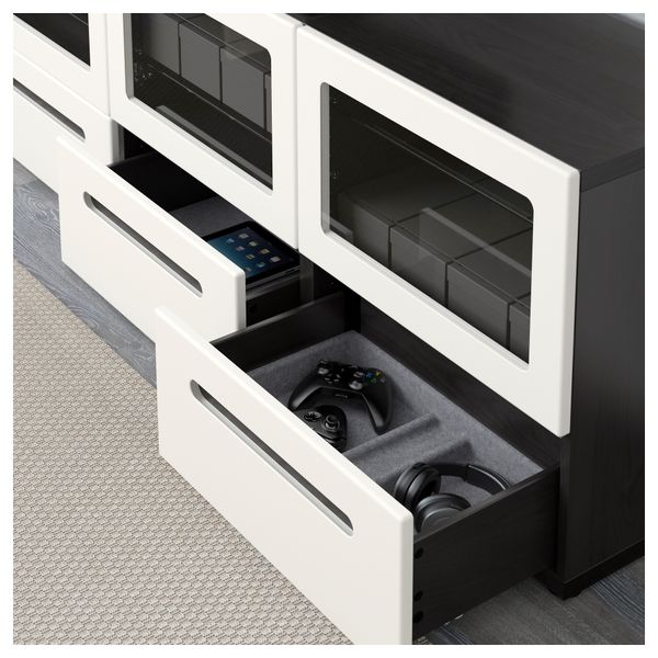 Тумба под ТВ, с дверцами и ящиками БЕСТО, черно-коричневый, Марвикен белый прозрачное стекло (180x40x64 см) - фото 3