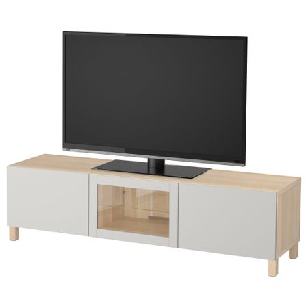 Тумба под ТВ с ящиками и дверцей БЕСТО, под беленый дуб, Лаппвикен светло-серый прозрачное стекло (180x40x48 см)